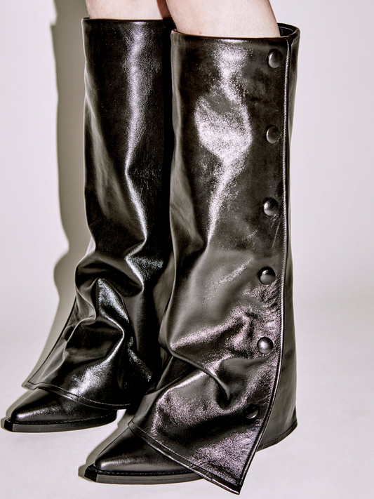 Black Snip-Toe Fold-Over Snapped Panel Tall Wide Mid Calf Boots