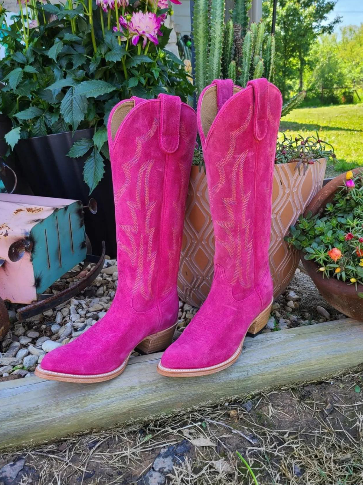 Hot Pink Faux Suede Embroidery Almond-Toe Wide Mid Calf Cowboy Tall Boots For Women