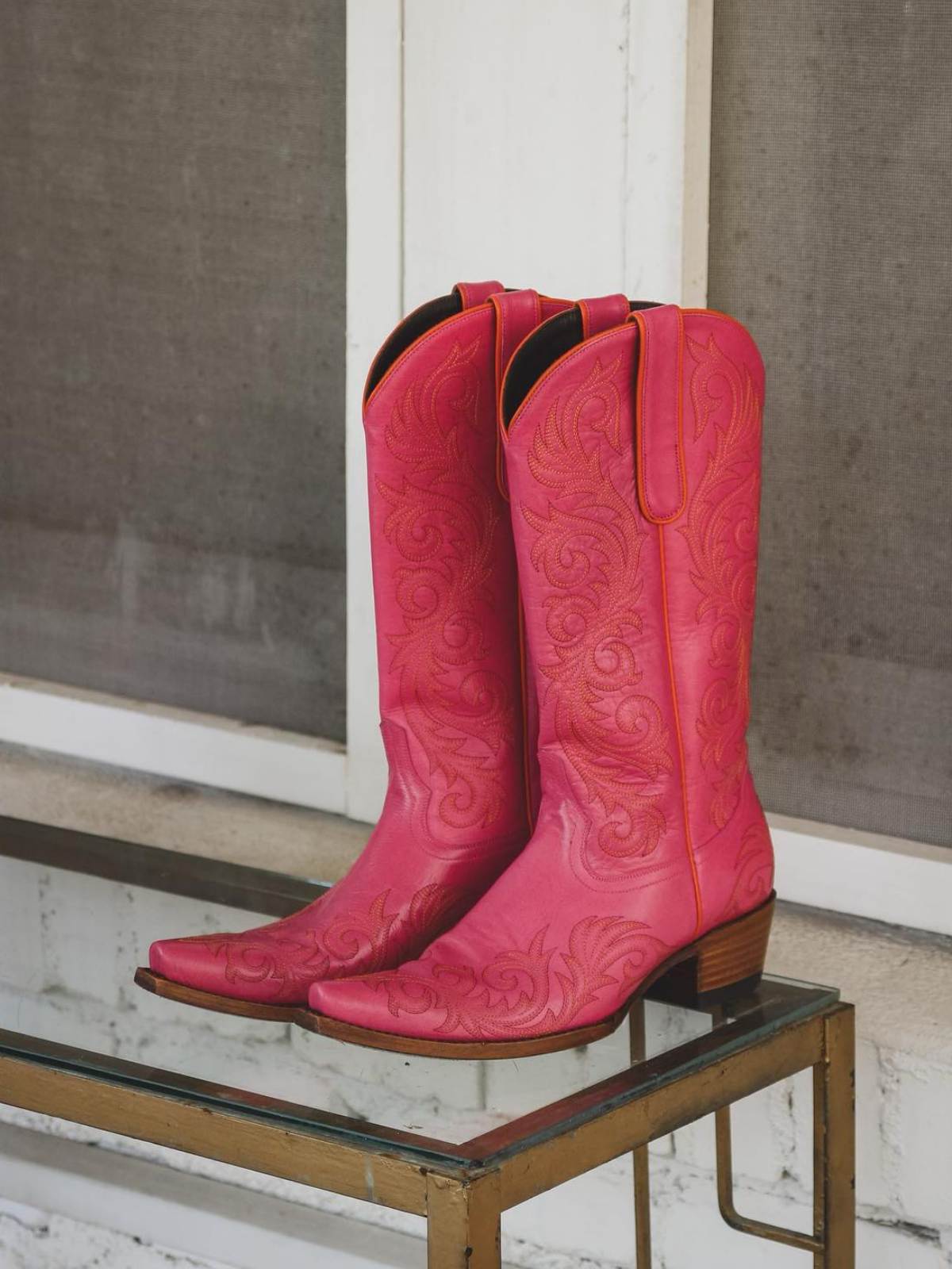 Pink Snip-Toe Embroidery Wide Mid Calf Cowgirl Tall Boots