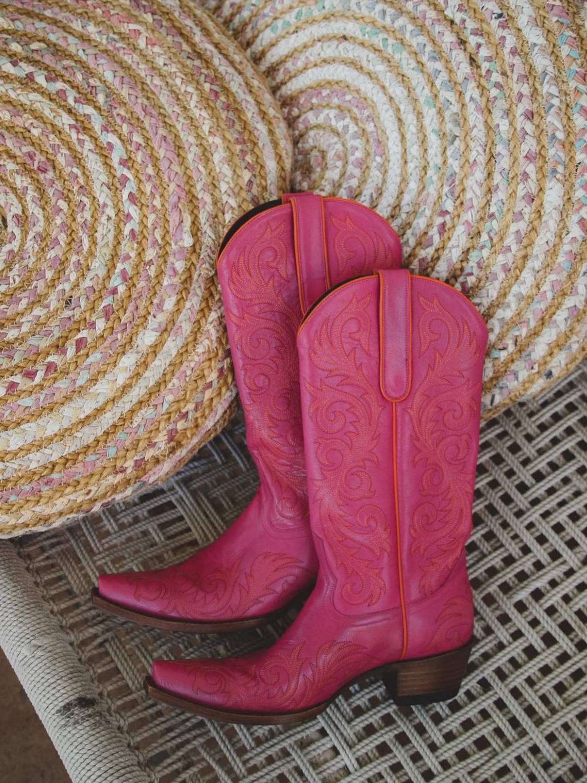 Pink Snip-Toe Embroidery Wide Mid Calf Cowgirl Tall Boots