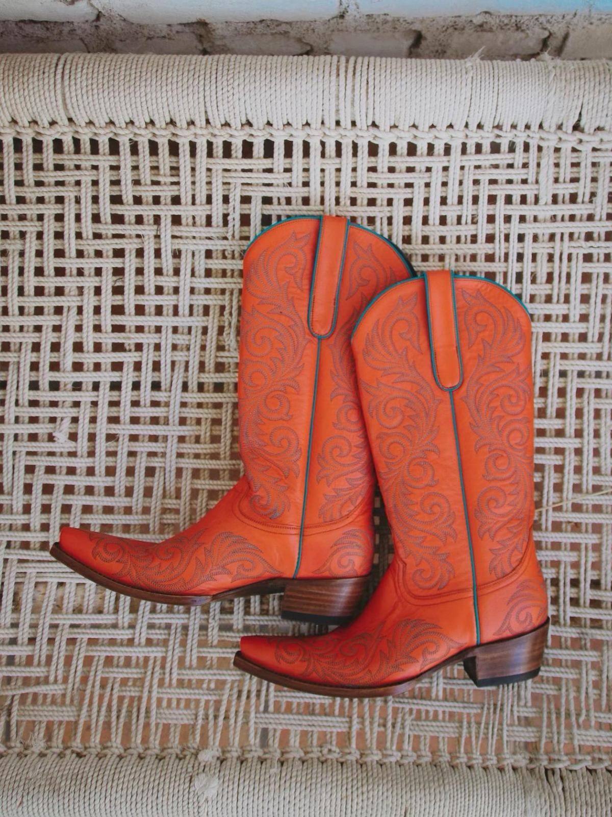 Orange Snip-Toe Embroidery Wide Mid Calf Cowgirl Tall Boots