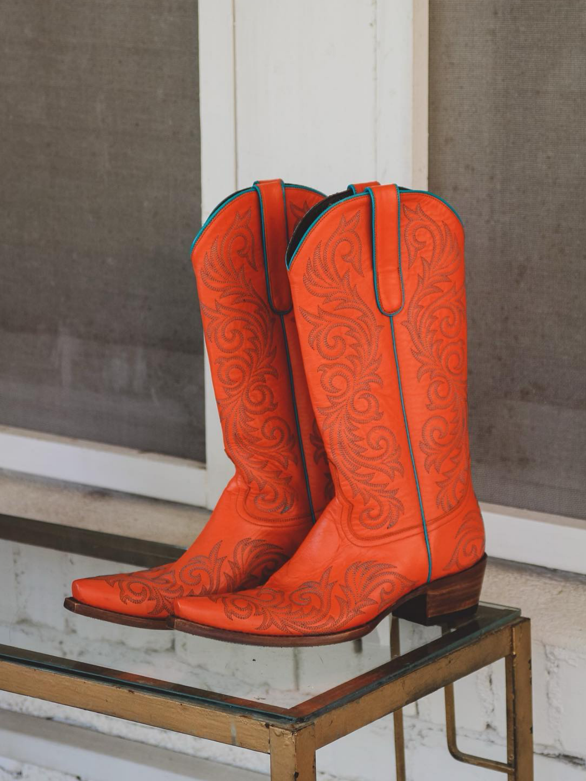 Orange Snip-Toe Embroidery Wide Mid Calf Cowgirl Tall Boots