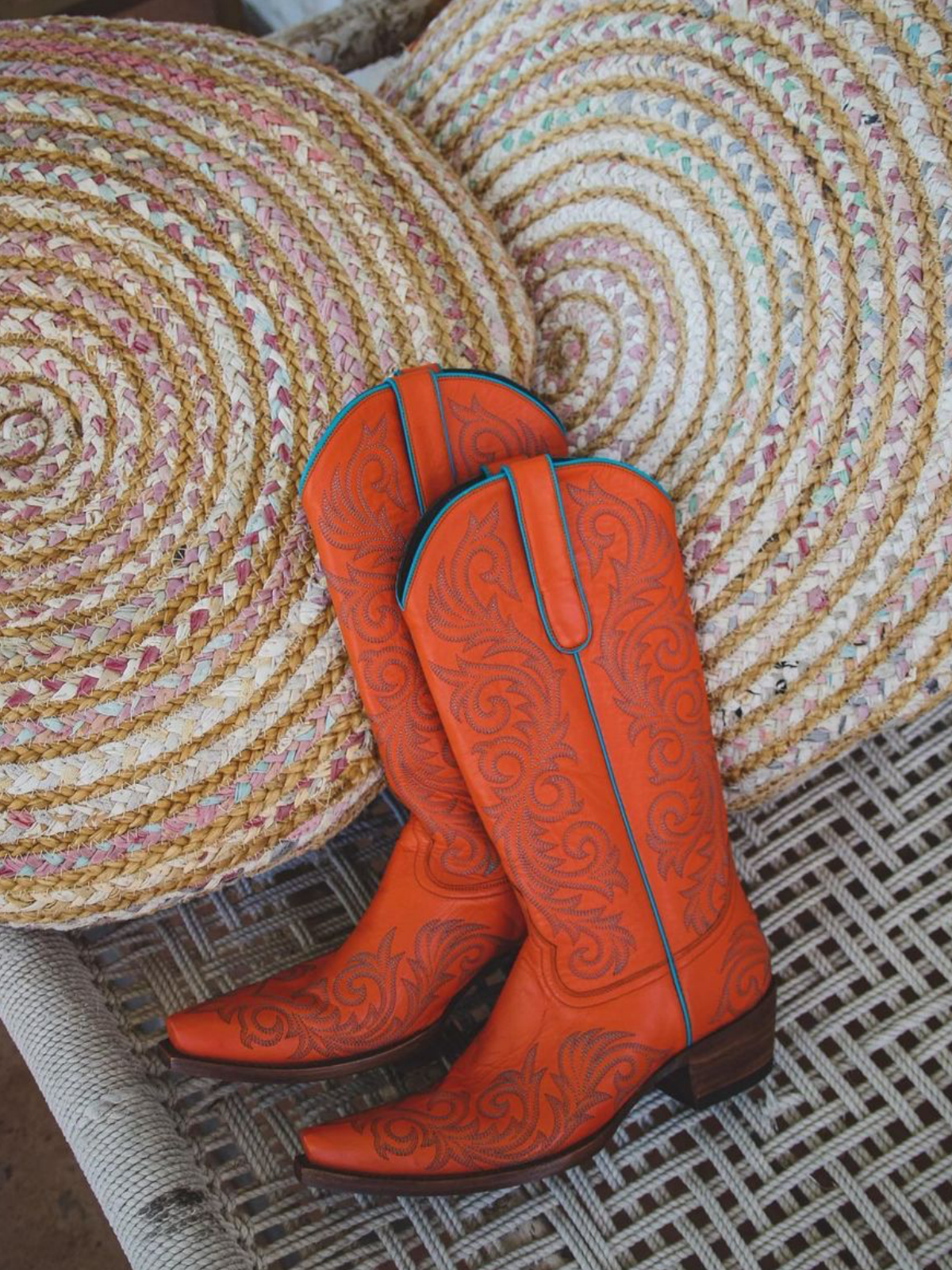 Orange Snip-Toe Embroidery Wide Mid Calf Cowgirl Tall Boots