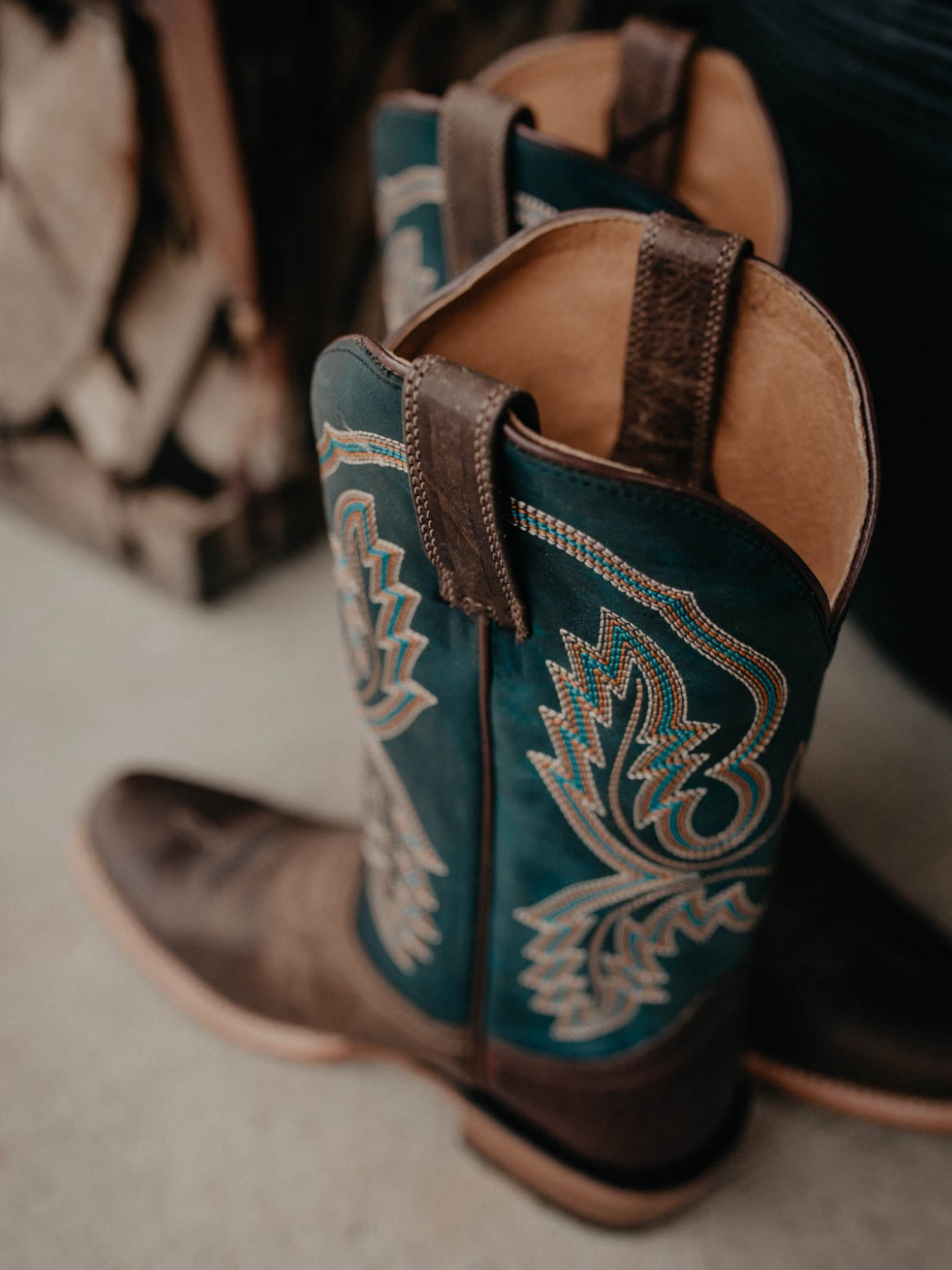 Contrast Brown And Blue Square-Toe Embroidery Wide Mid Calf Cowgirl Boots