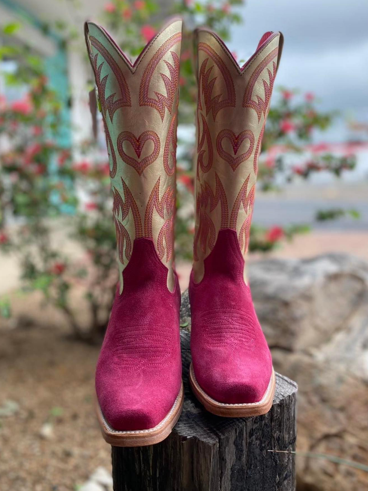 Contrast Pink Faux Suede And Metallic Gold Embroidery Snip-Toe Wide Mid Calf Cowgirl Tall Boots