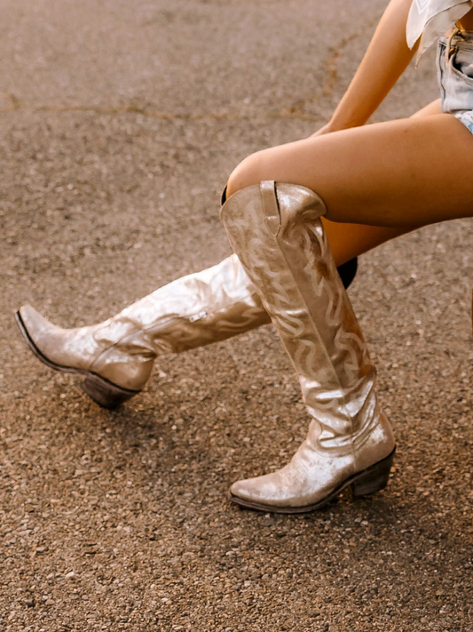 Metallic Crinkle Embroidery Pointed-Toe Half-Zip Over-The-Knee Cowgirl Boots - Gold