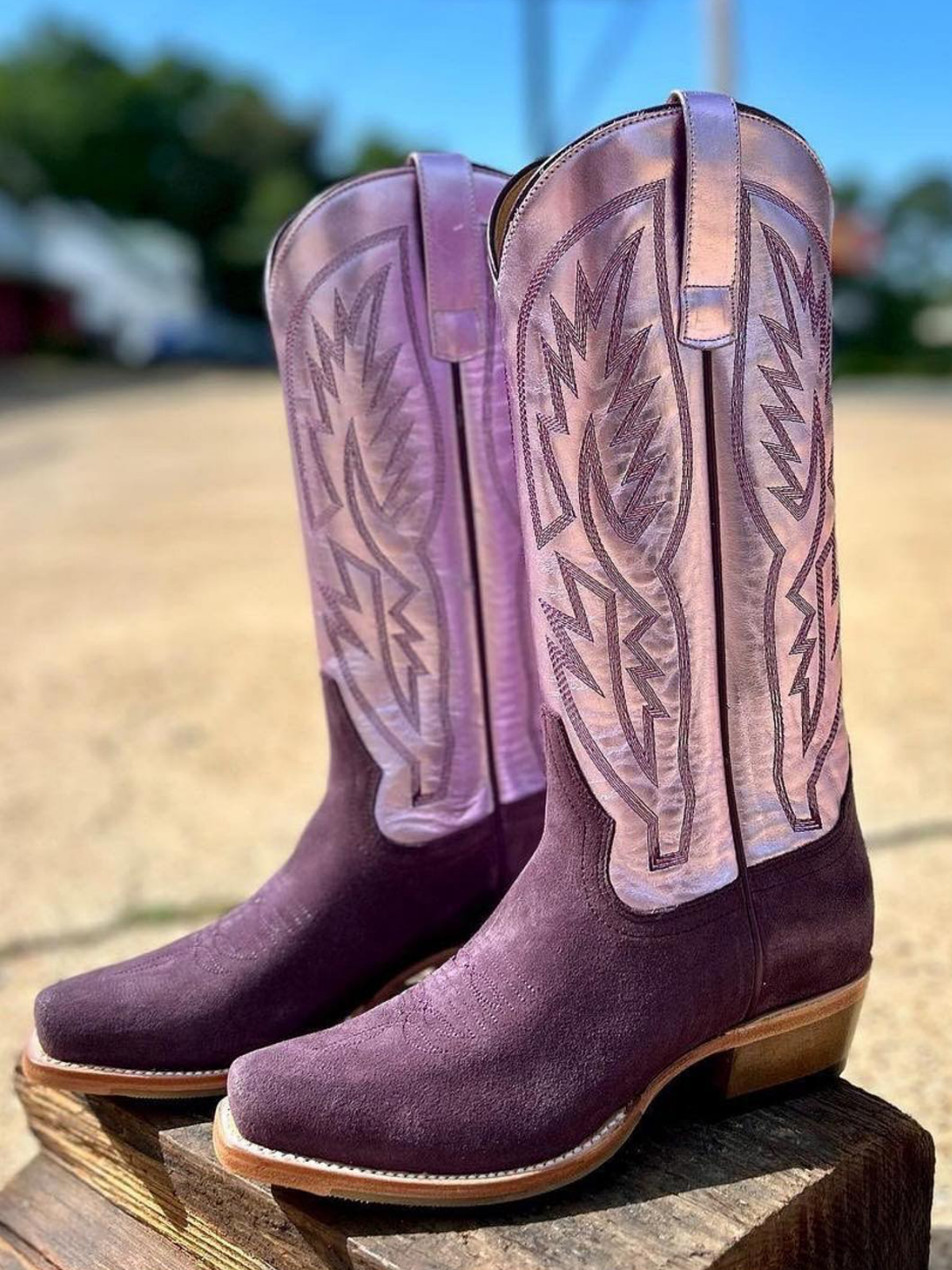 Faux Suede & Metallic Vegan Leather Embroidery Snip-Toe Wide Mid Calf Cowgirl Boots in Contrast Purple