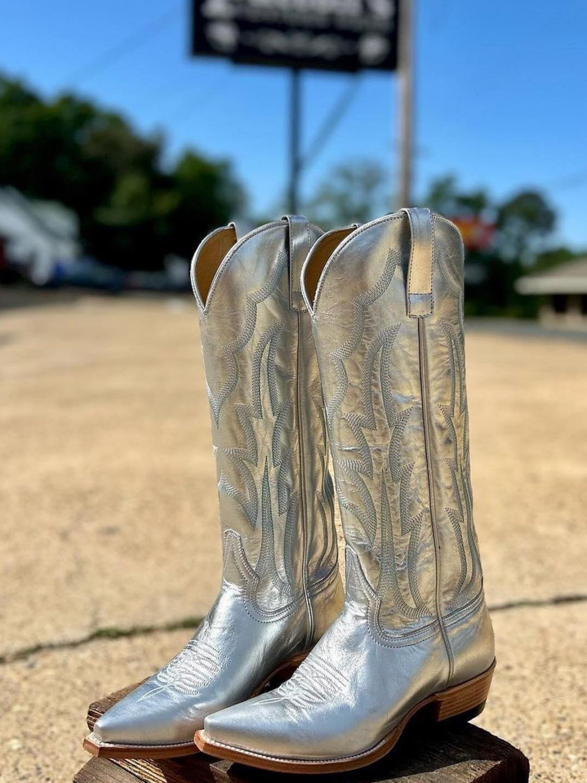 Metallic Silver Embroidery Snip-Toe Wide Mid Calf Cowboy Tall Boots For Women