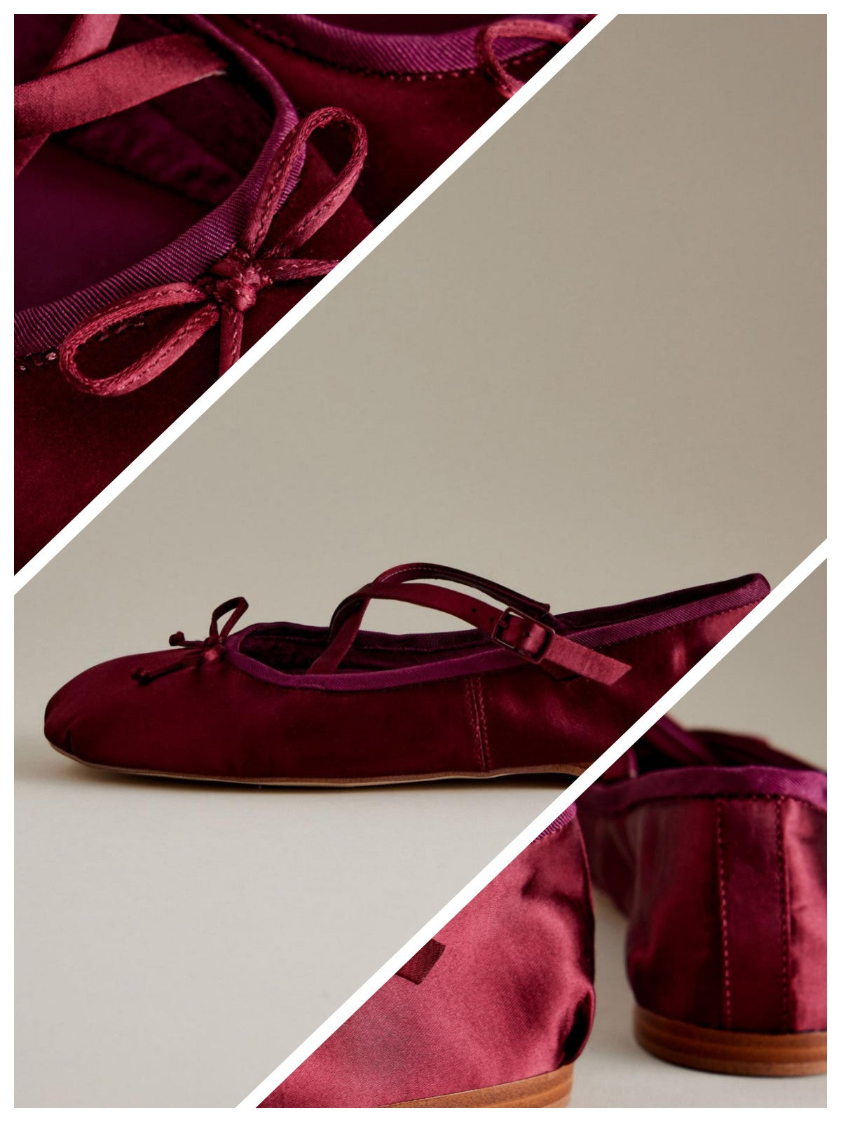 Satin Wine Red Bow Ballerina Flats With Crossed Buckled Strap