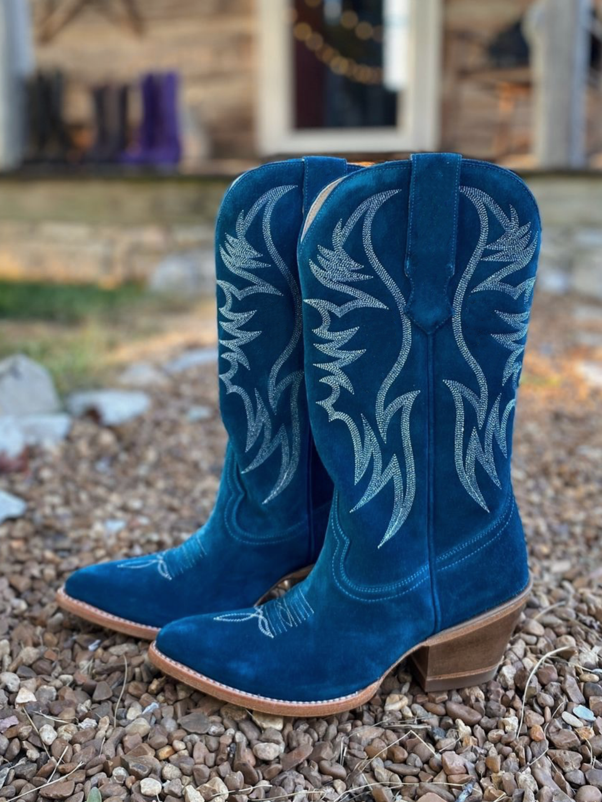 Faux Suede Wings Embroidery Pointed-Toe Wide Mid Calf Tall Cowgirl Boots - Teal Blue