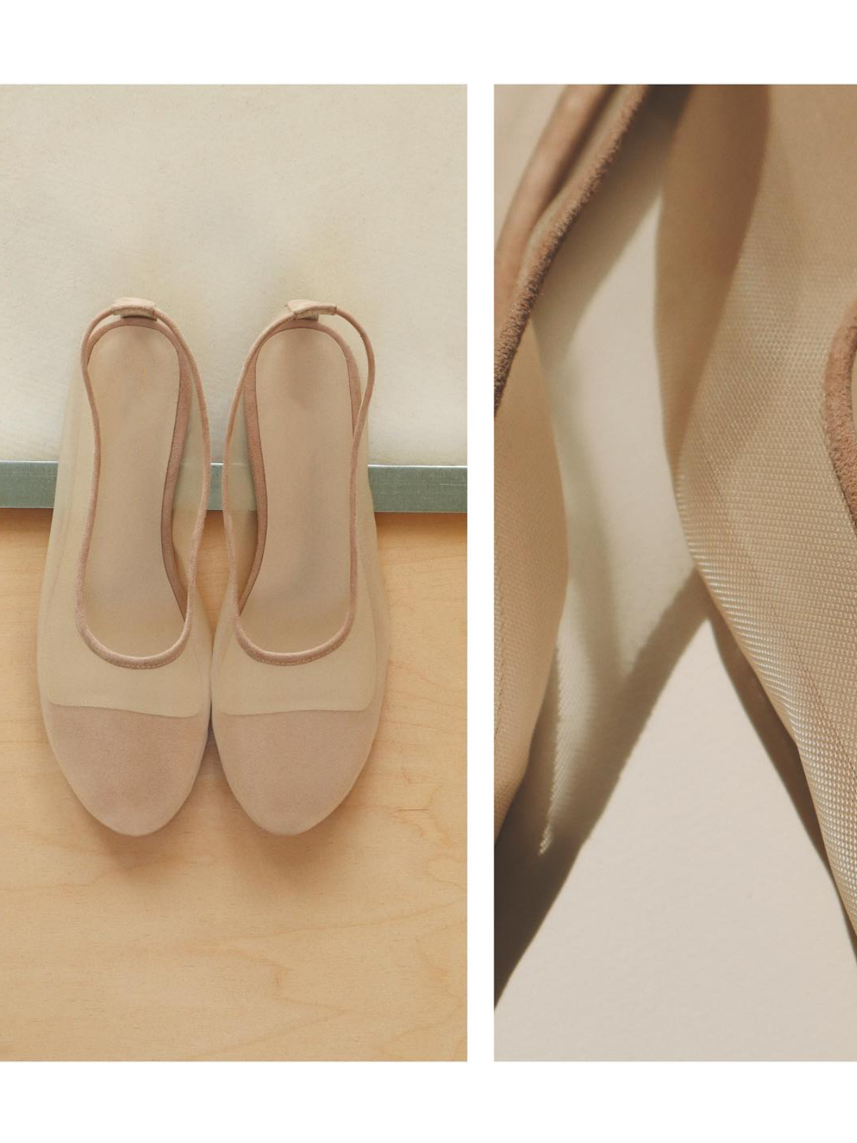 Round-Toe Slip-On Ballet Flats in Beige Mesh