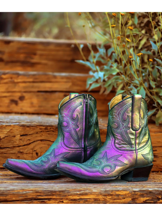 Metallic Snip-Toe Embroidery Full-Zip Mid Calf Cowgirl Boots - Purple