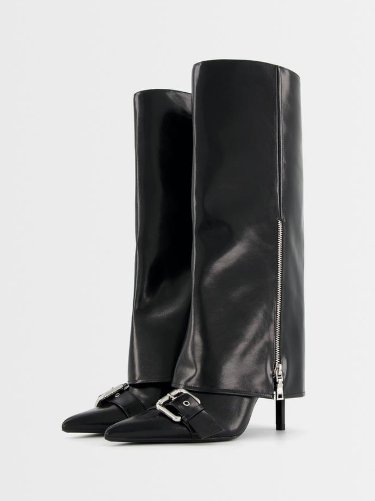 Black Pointed-Toe Fold-Over Mid Calf Half-Zip Stiletto Boots With Buckles