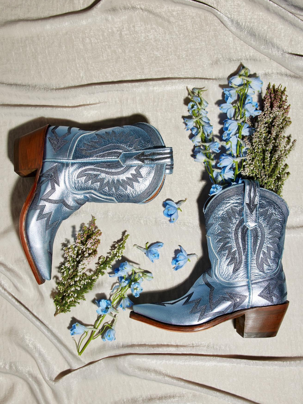 Metallic Embroidery Snip-Toe Wide Mid Calf Cowgirl Boots - Light Blue