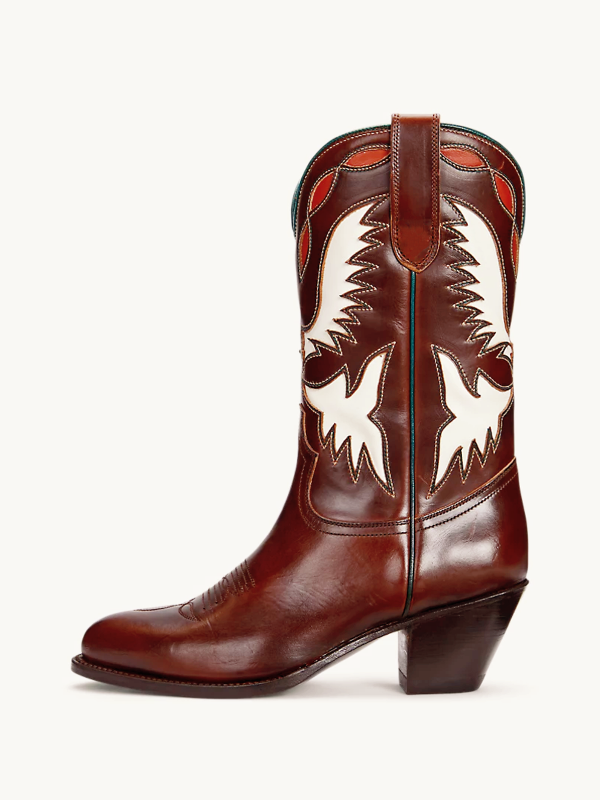 Dark Brown Almond-Toe Cream Wings Inlay Applique Wide Mid Calf Tall Cowgirl Boots