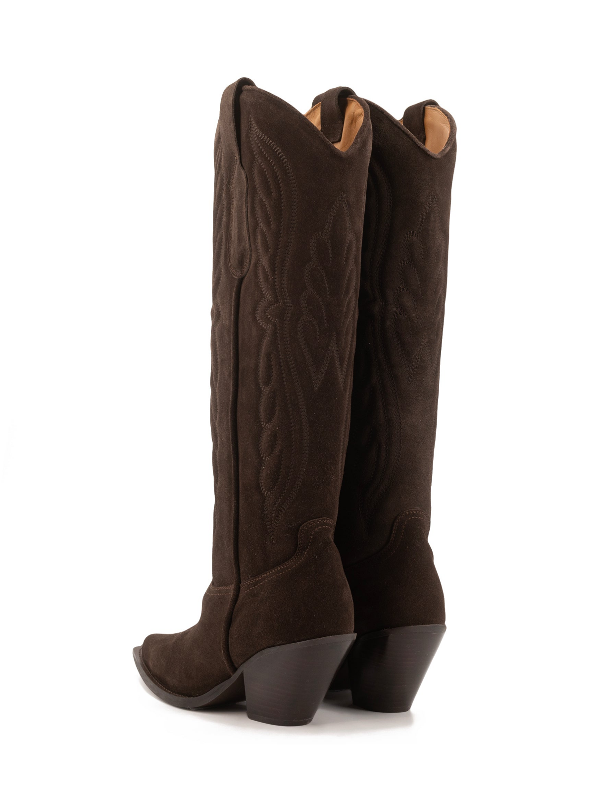 Wing Embroidery Faux Suede Pointed-Toe Wide Calf Tall Knee High Cowgirl Boots - Chocolate