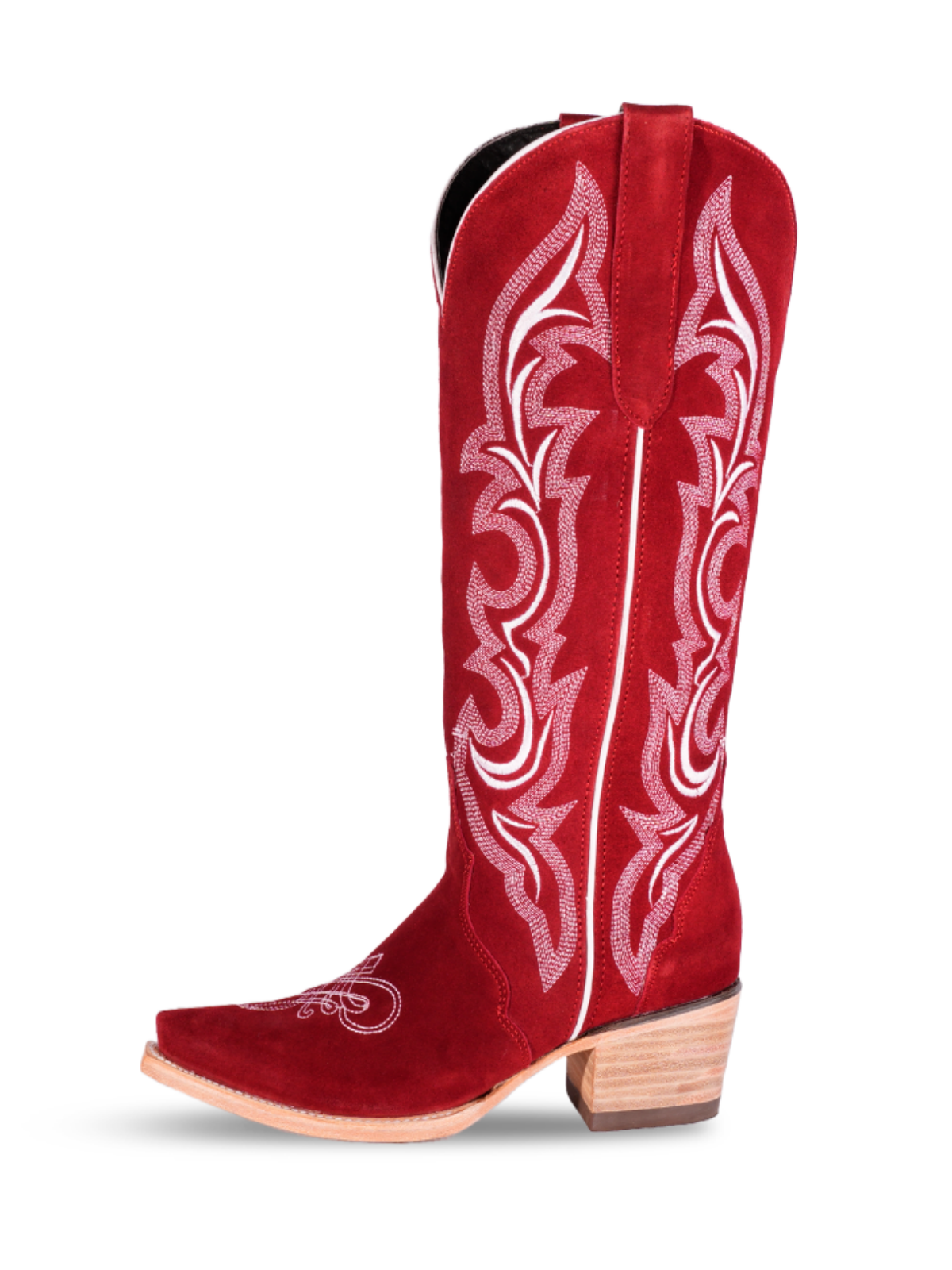 Red Faux Suede Snip-Toe Classic Embroidery Wide Mid Calf Tall Western Boots