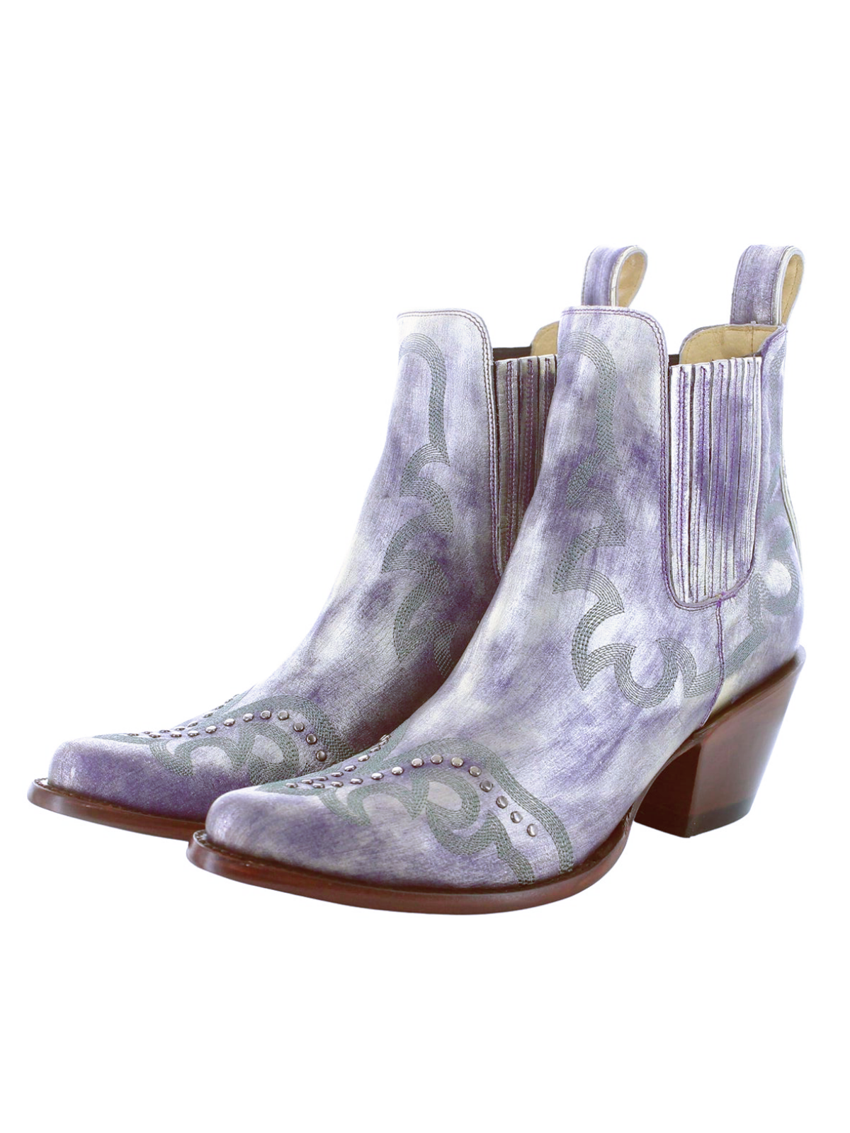 Metallic Almond-Toe Studded Embroidery Wide Mid Calf Cowgirl Boots - Lavender