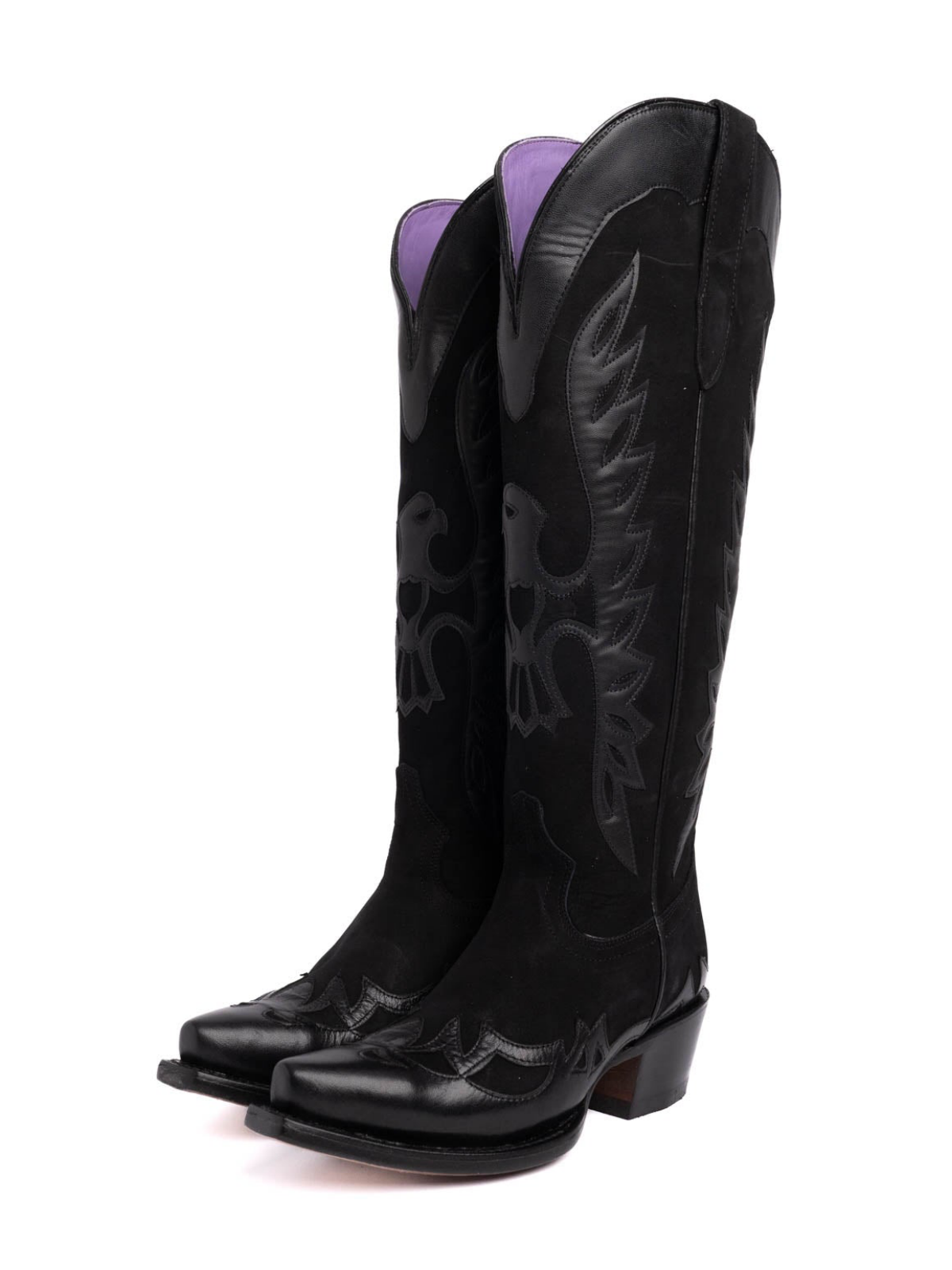 Black Faux Suede Snip-Toe Eagle Applique Half-Zip Knee High Tall Cowgirl Boots