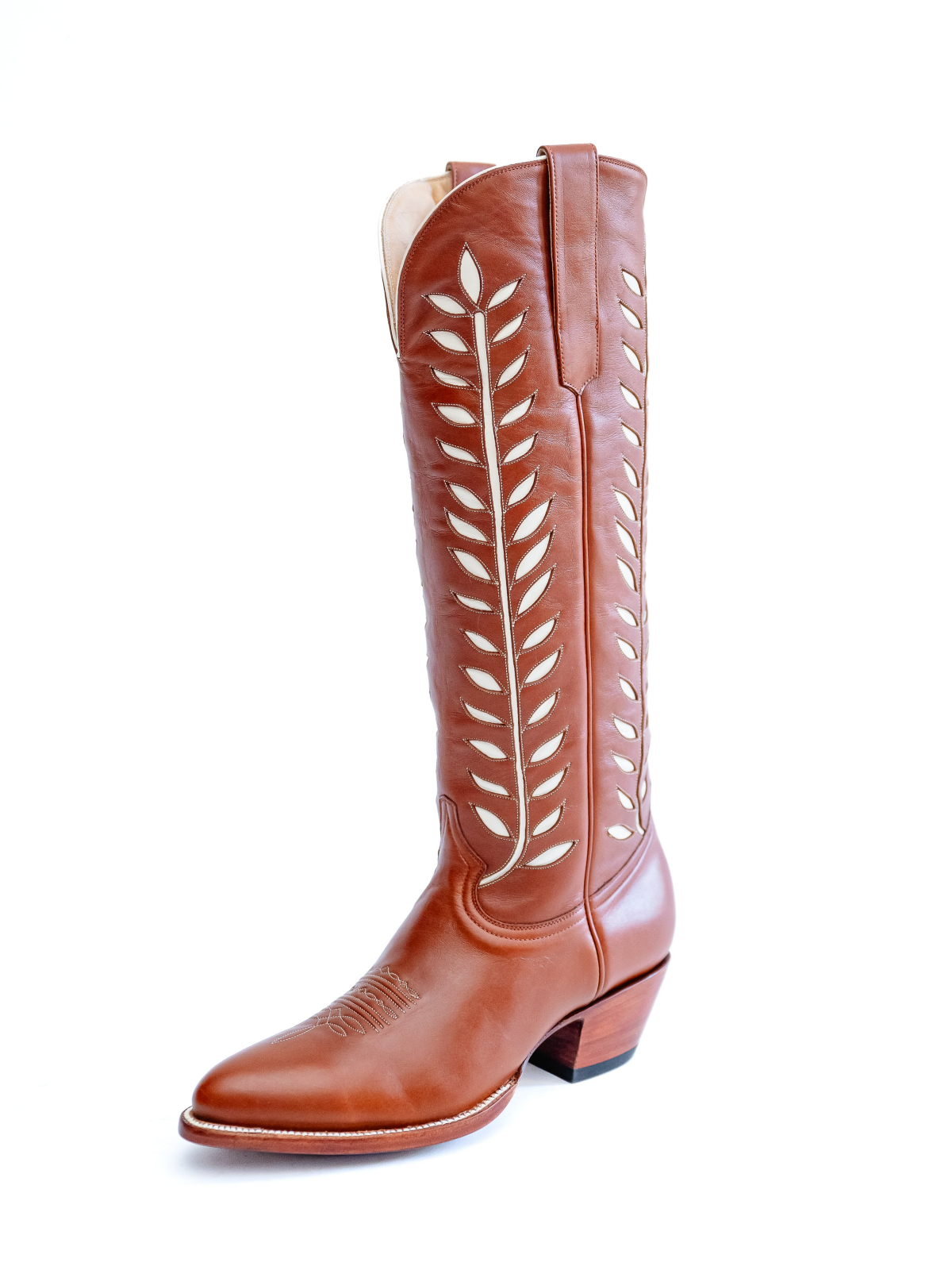 Almond-Toe Ivory Leaves Inlay Wide Calf Tall Knee High Cowgirl Boots - Brandy