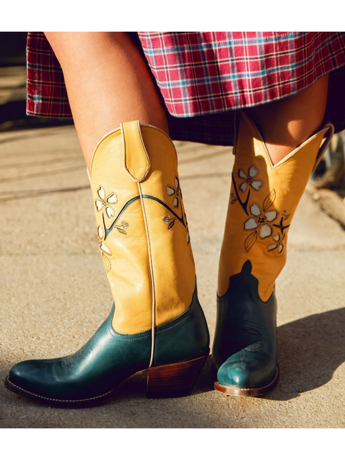 Contrast Yellow And Turquoise Almond-Toe Fresh Flower Inlay Wide Mid Calf Cowgirl Boots