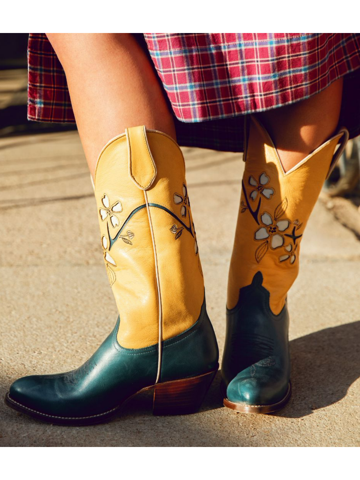 Contrast Riding Boot Contrast Yellow And Turquoise Flower Inlay Wide Mid Calf Cowgirl Boots ...