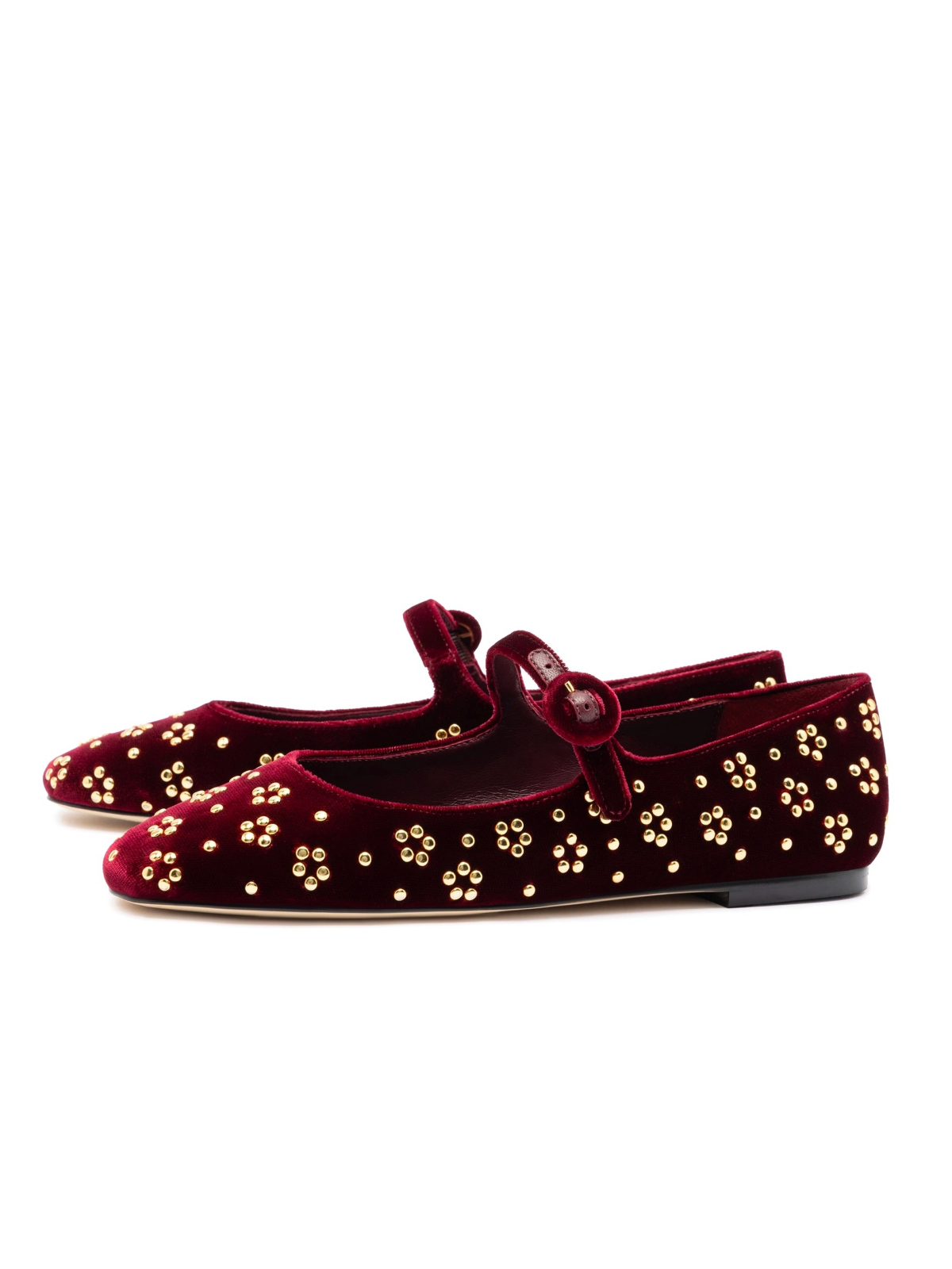 Wine Red Velvet Round-Toe Bridge Starp Ballet Flats With Gold Studs