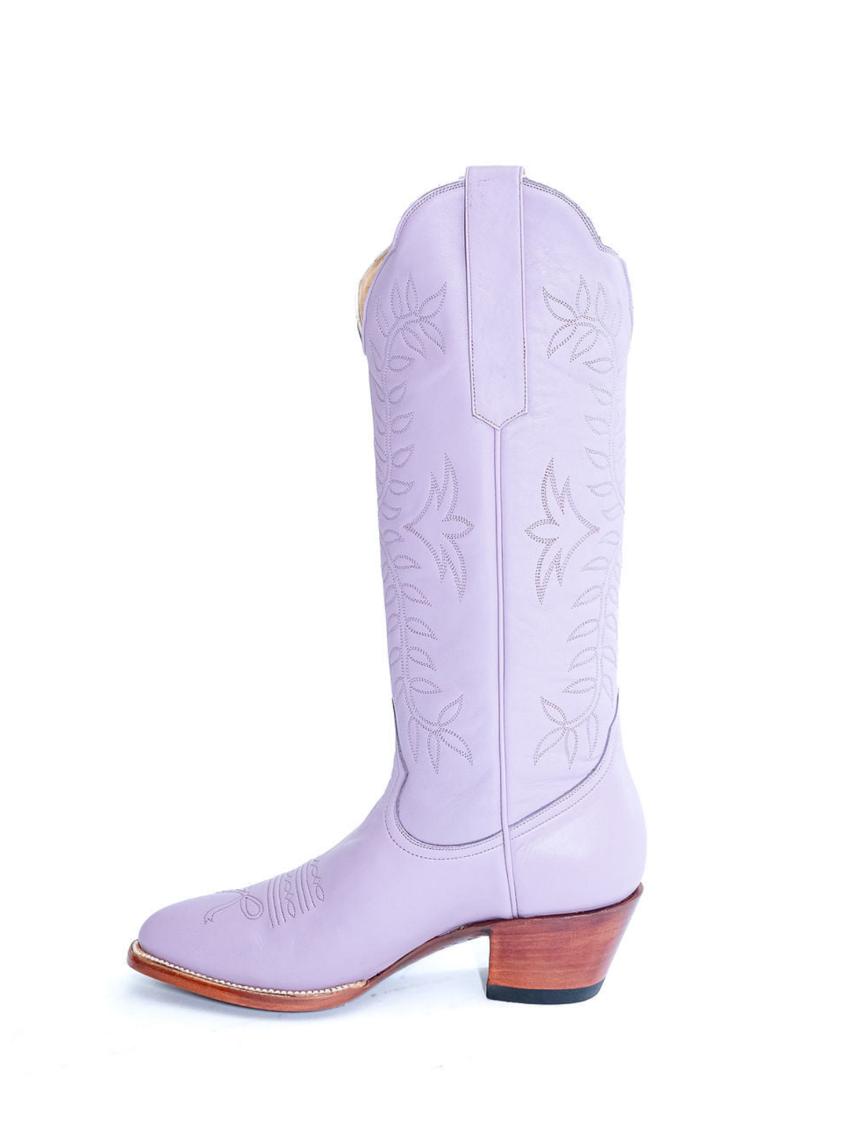 Leaves Embroidery Almond-Toe Wide Mid Calf Cowgirl Boots - Lavender