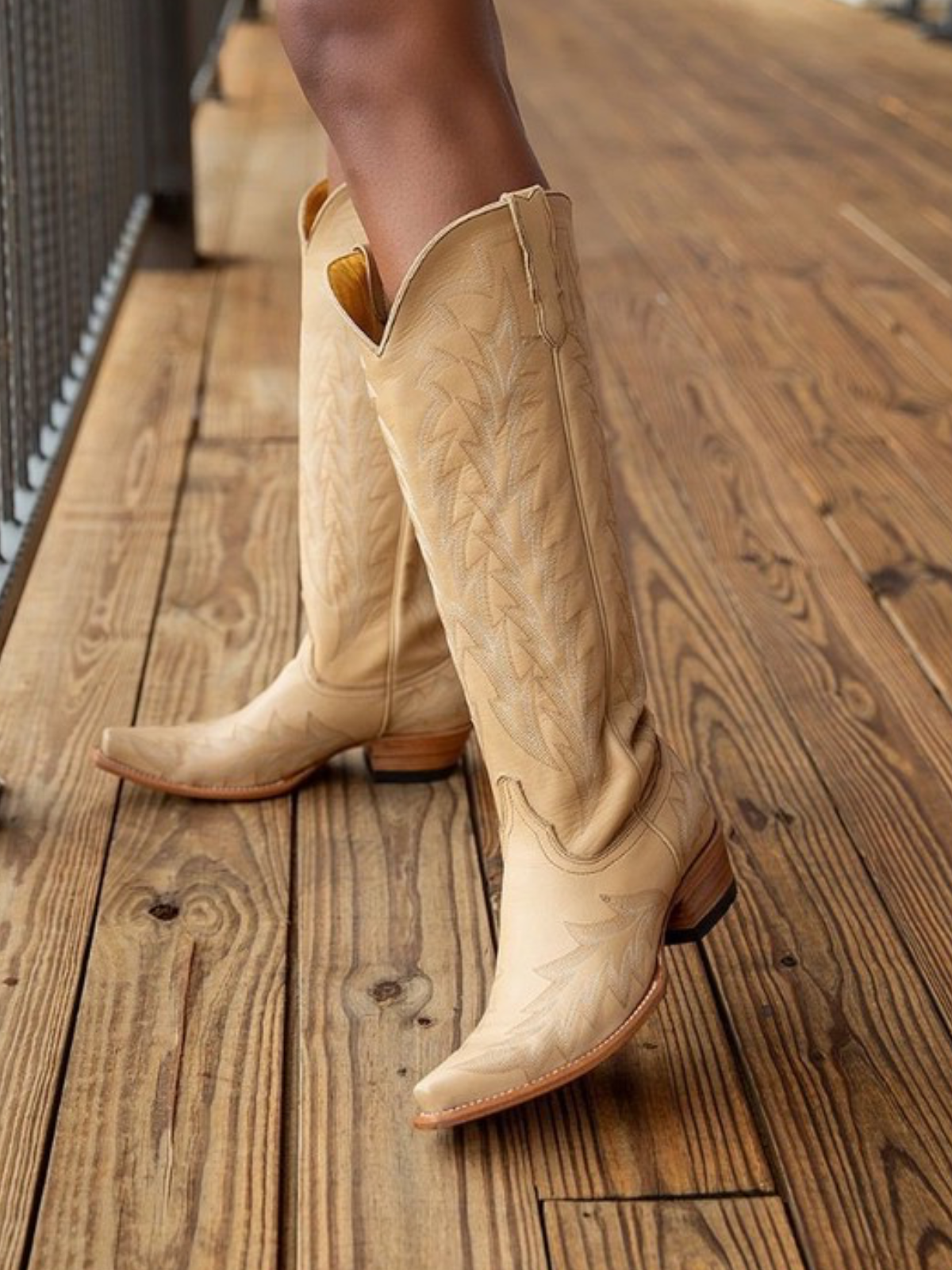 Camel Brown Leaf Embroidery Wide Calf Knee High Tall Boots