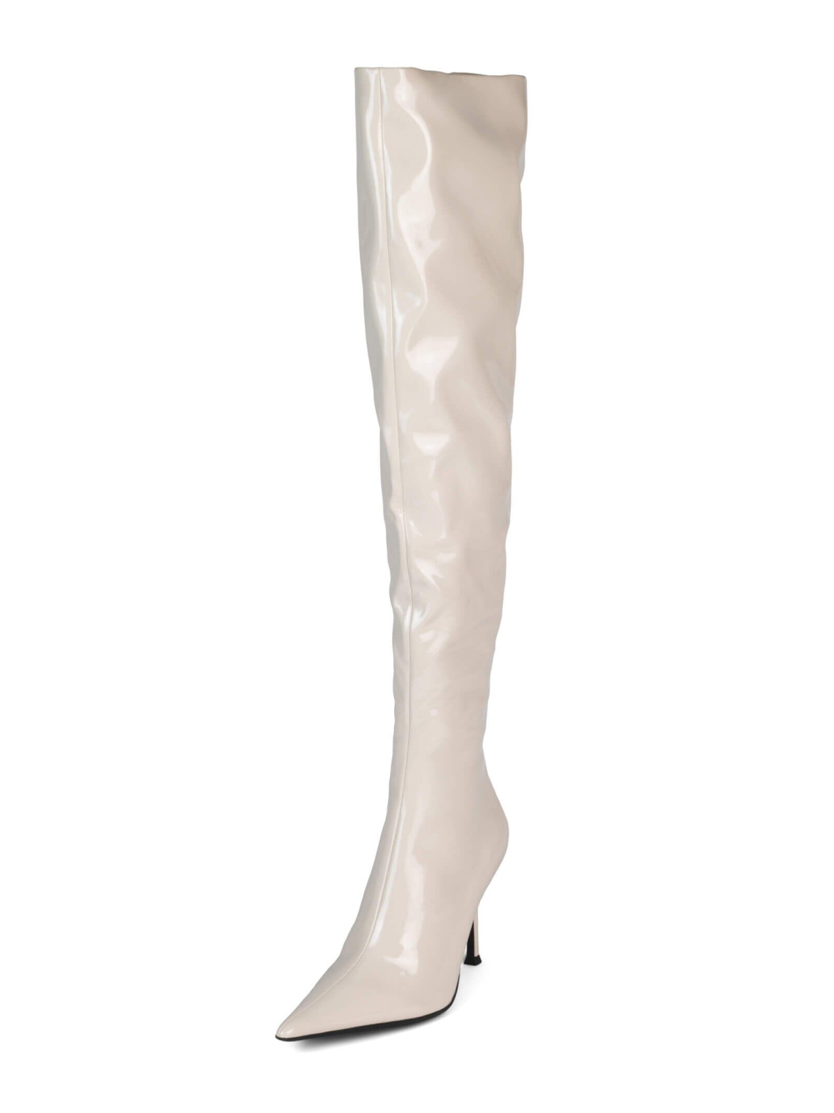 Beige Patent Pointed-Toe Half-Zip Over-The-Knee Stiletto Boots