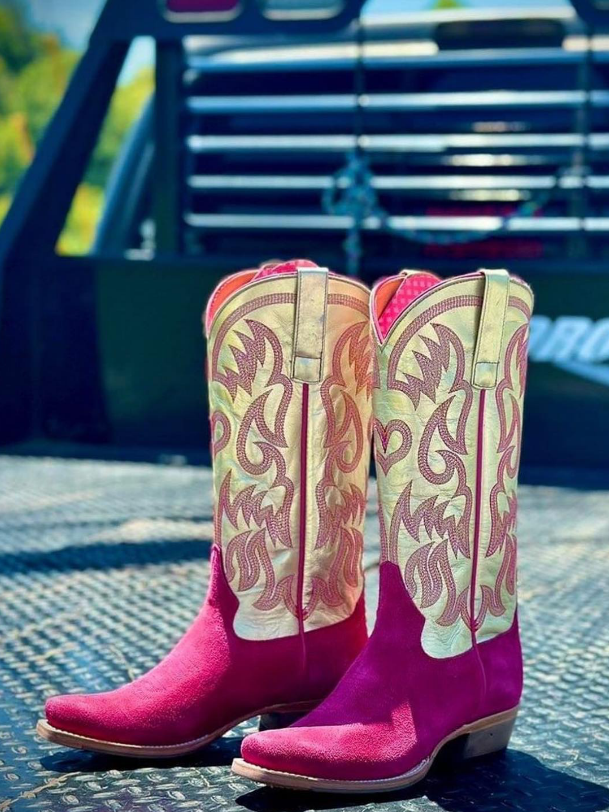 Contrast Pink Faux Suede And Metallic Gold Embroidery Snip-Toe Wide Mid Calf Cowgirl Tall Boots