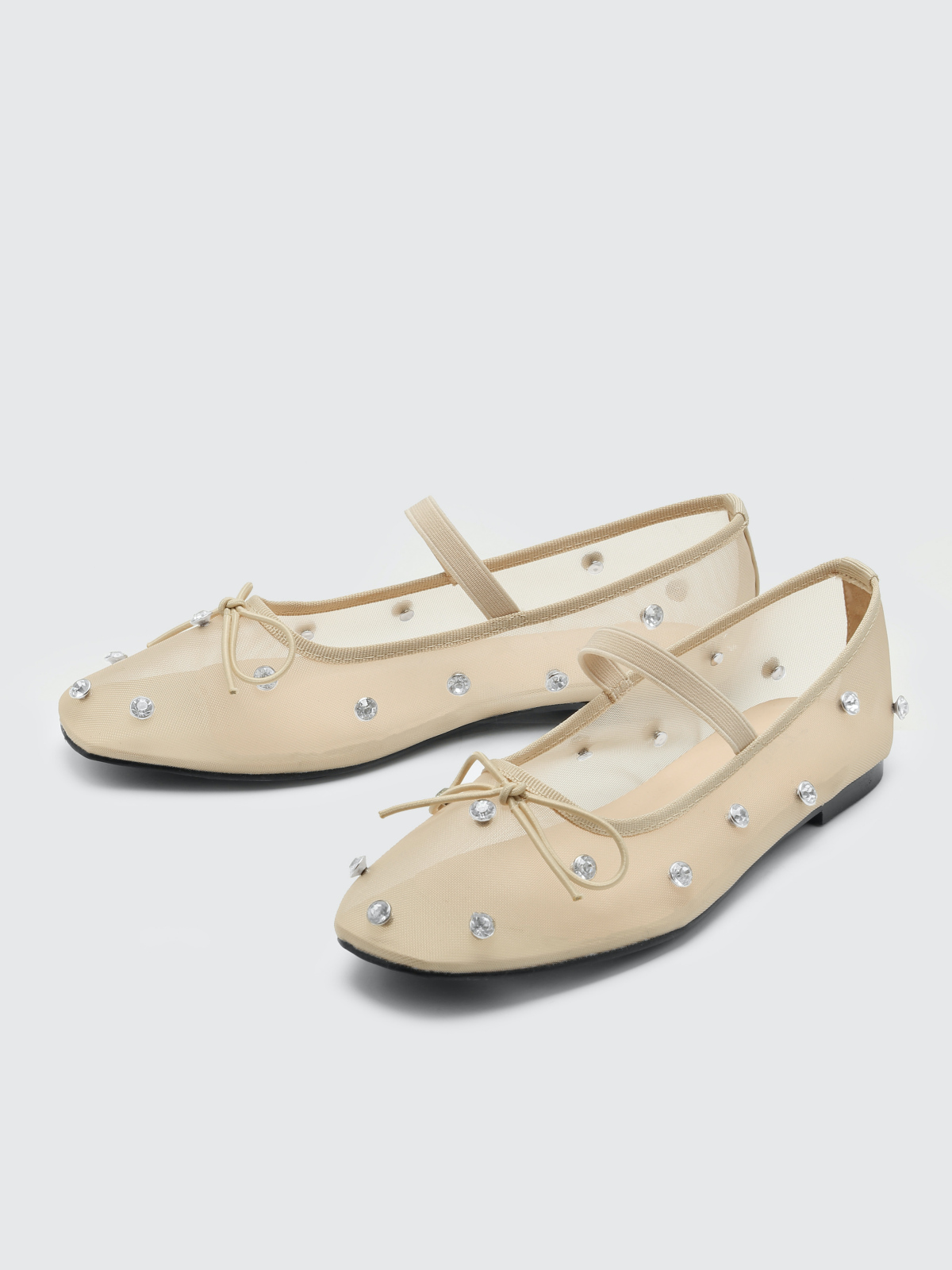 Beige Mesh Rhinestone Bow Square-Toe Ballet Flats Mary Janes