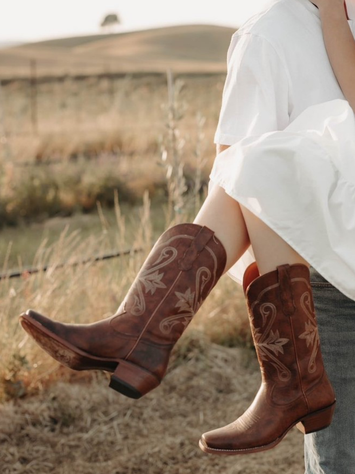 Distressed Brown Square-Toe Wide Mid Calf Tall Western Boots