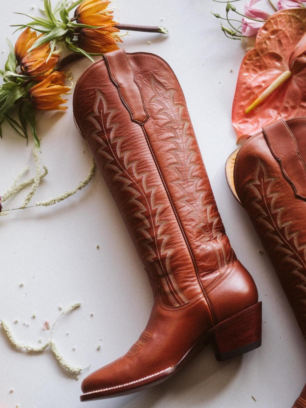 Cinnamon Brown Vegan Leather Embroidery Almond-Toe Wide Mid Calf Tall Cowgirl Boots