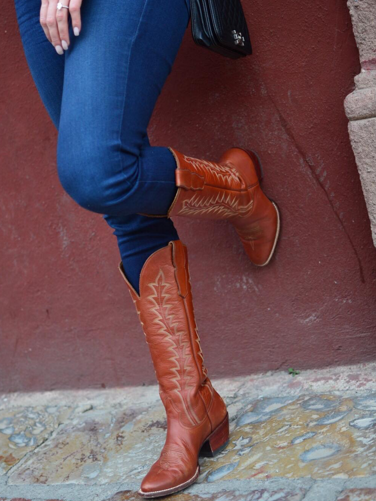 Cinnamon Brown Vegan Leather Embroidery Almond-Toe Wide Mid Calf Tall Cowgirl Boots