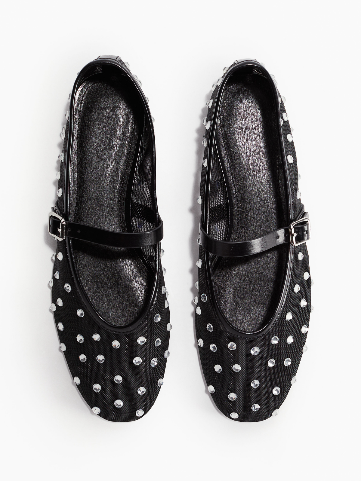 Black Round-Toe Rhinestone Adjustable Clasp Mary Janes Ballet Mesh Flats