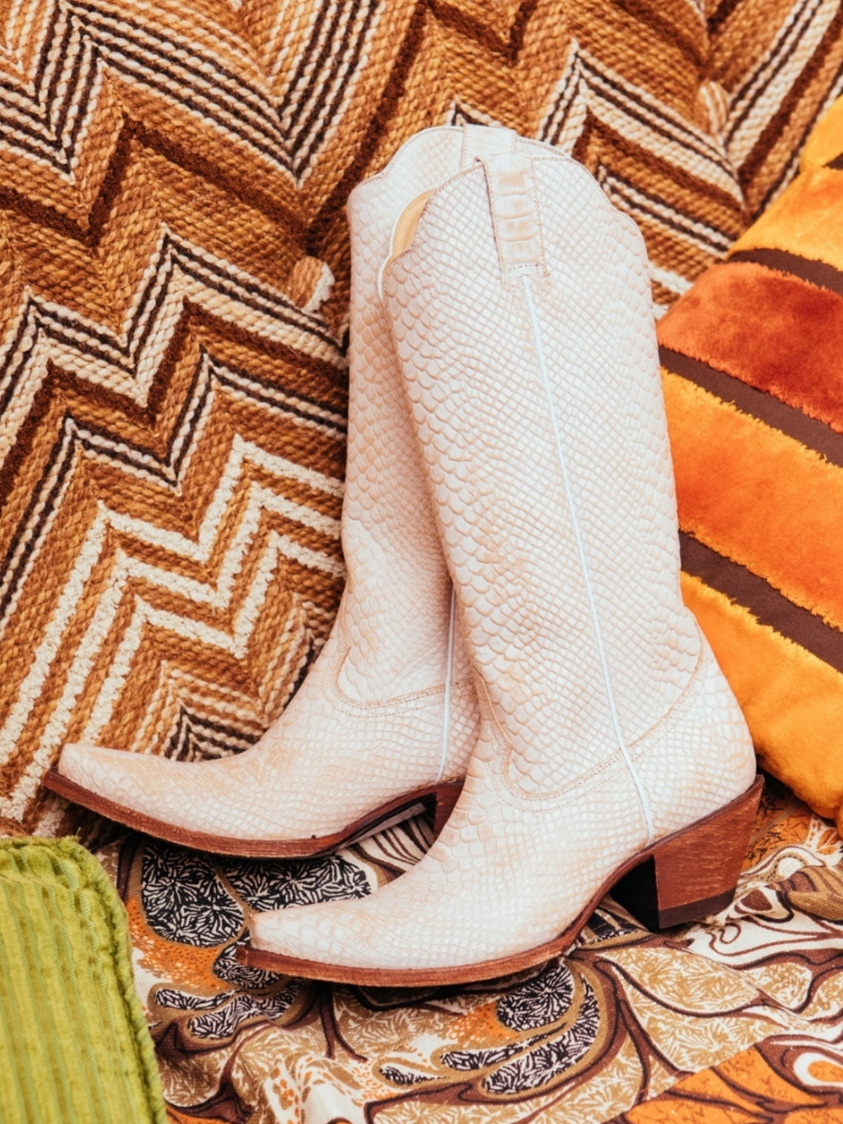 Ivory Snakeskin Snip-Toe Wide Mid Calf Tall Cowgirl Boots