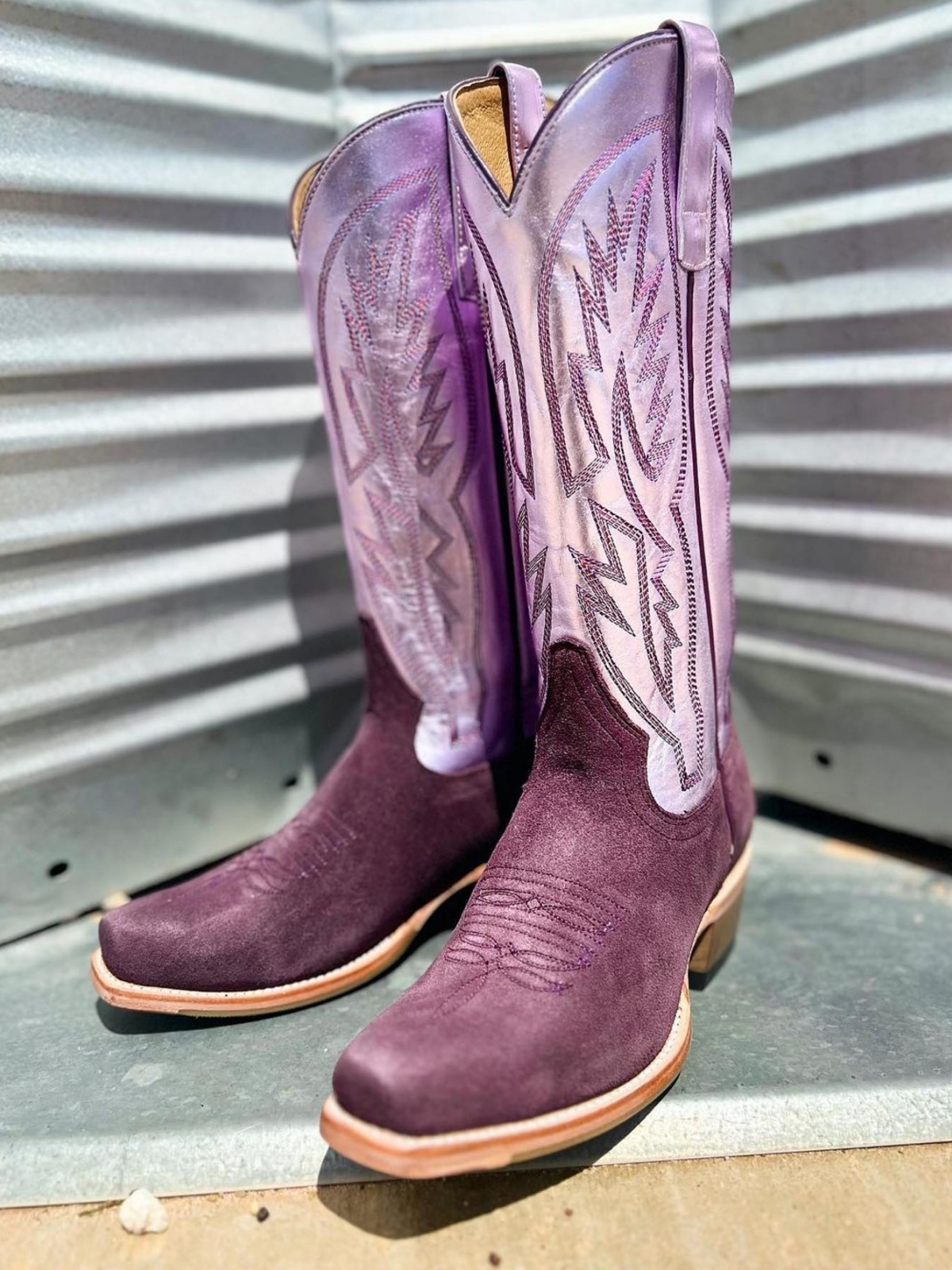 Faux Suede & Metallic Vegan Leather Embroidery Snip-Toe Wide Mid Calf Cowgirl Boots in Contrast Purple