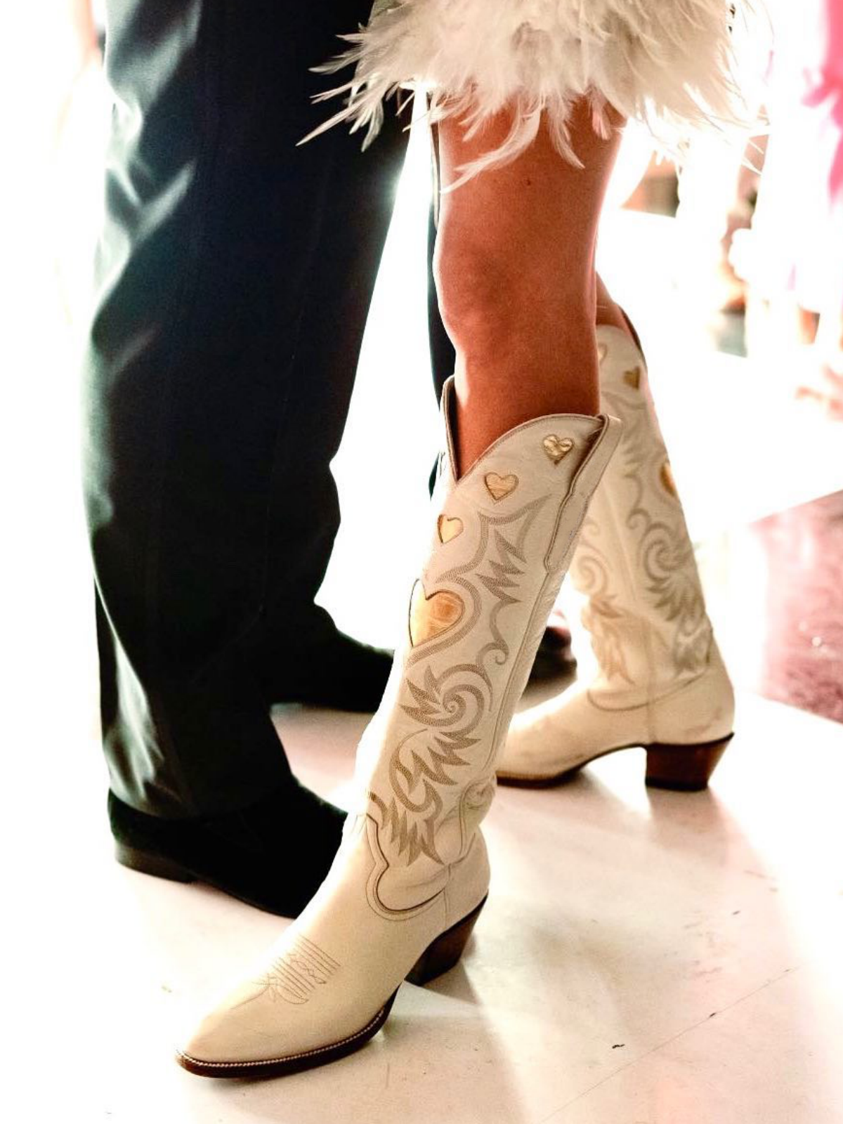 Metallic Gold Heart Inlay Embroidery Almond-Toe Tall Wide Mid Calf Cowgirl Boots - Bone