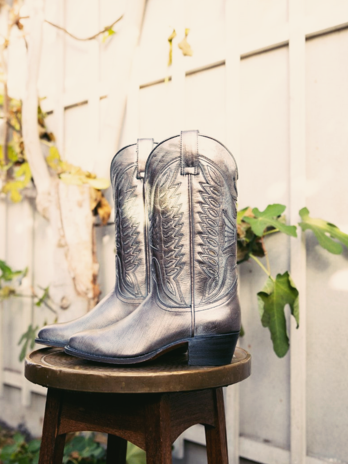 Metallic Silver Thunderbird Embroidery Inlay Almond-Toe Wide Mid Calf Western Boots