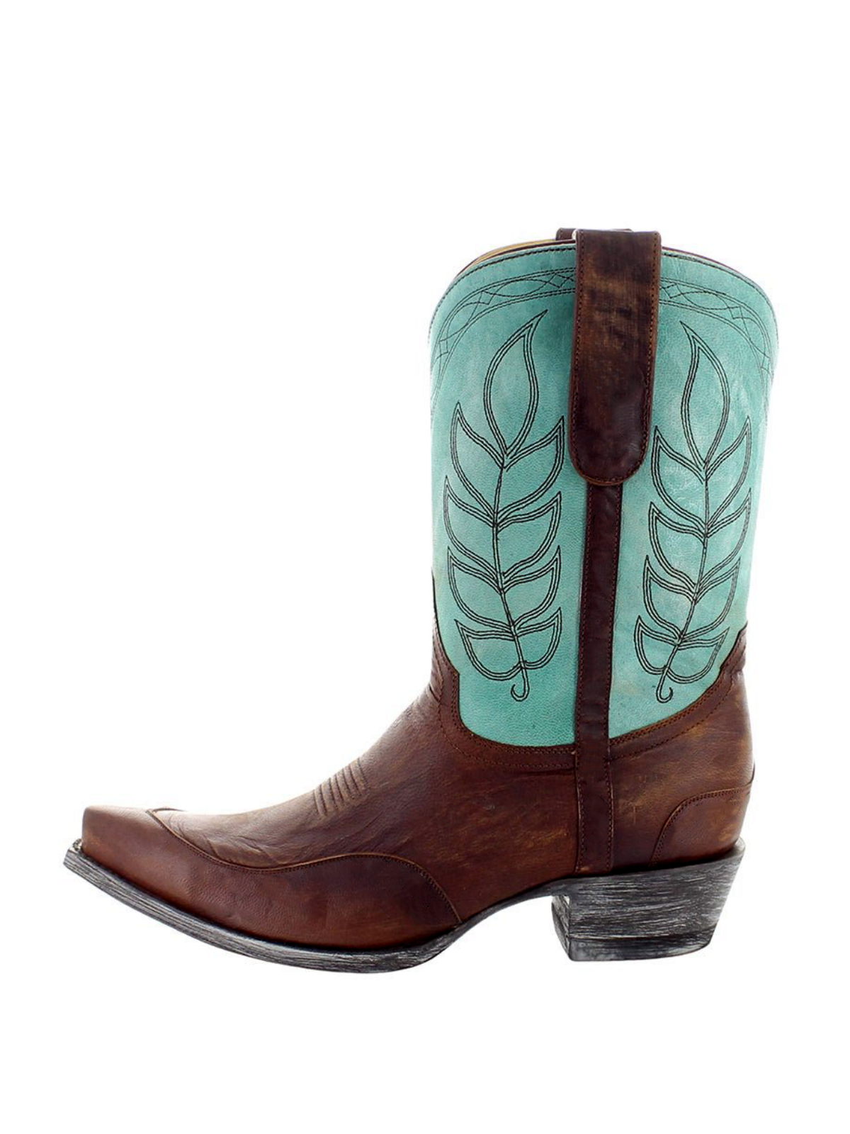 Contrast Brass And Aqua Snip-Toe Leaves Embroidery Wide Mid Calf Cowgirl Boots