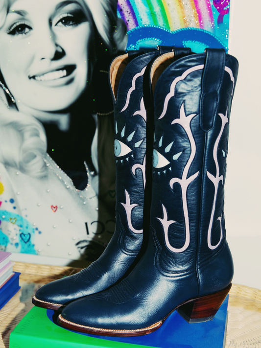 Navy Blue Evil Eye Inlay Almond-Toe Wide Mid Calf Western Cowgirl Tall Boots