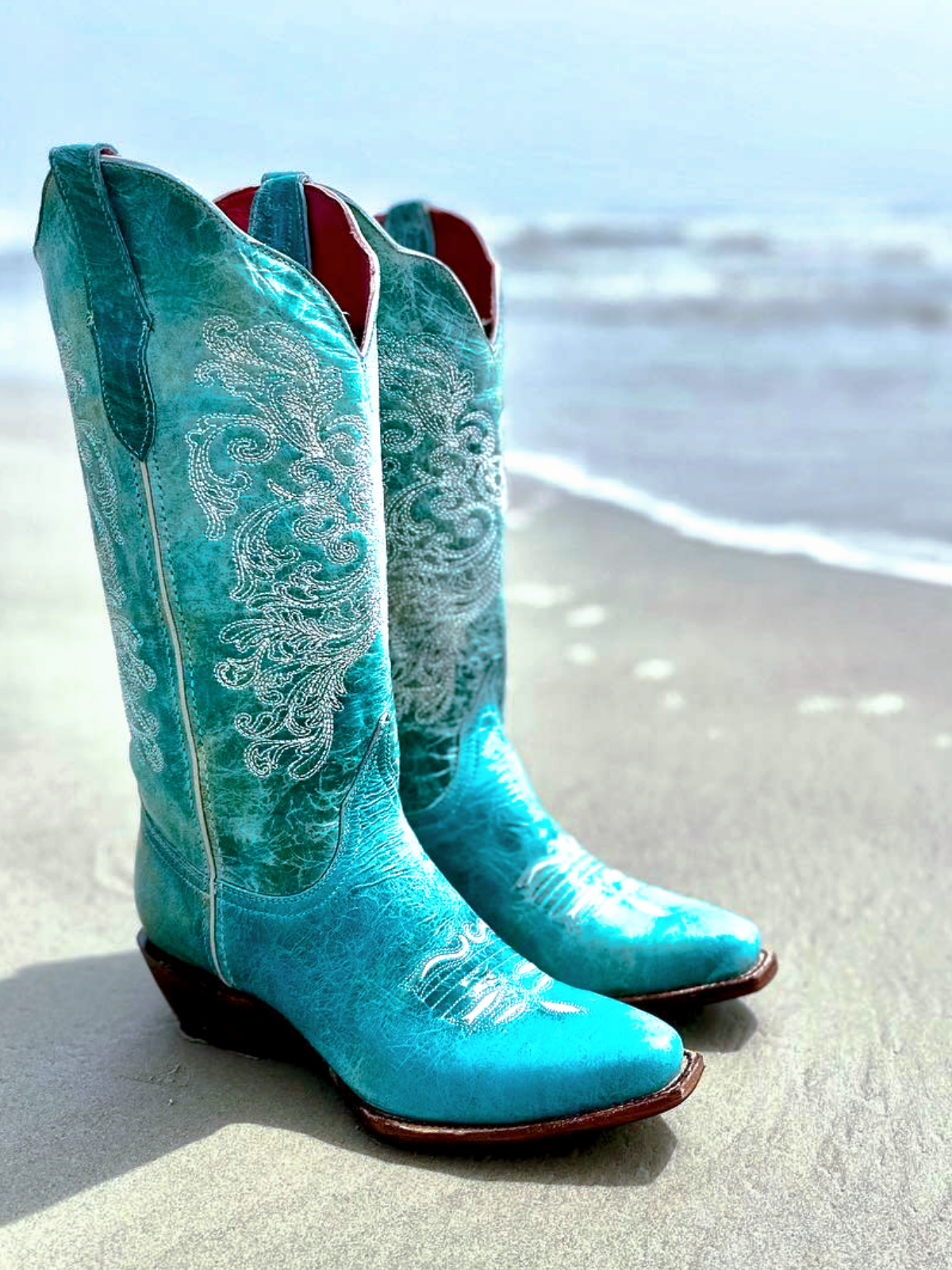 Turquoise Floral Embroidery Snip-Toe Wide Mid Calf Western Boots Cowgirl Tall Boots