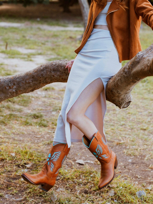 Brown Pointed-Toe Wide Mid Calf Cowgirl Boots With Turquoise Heart Thunderbird Inlay