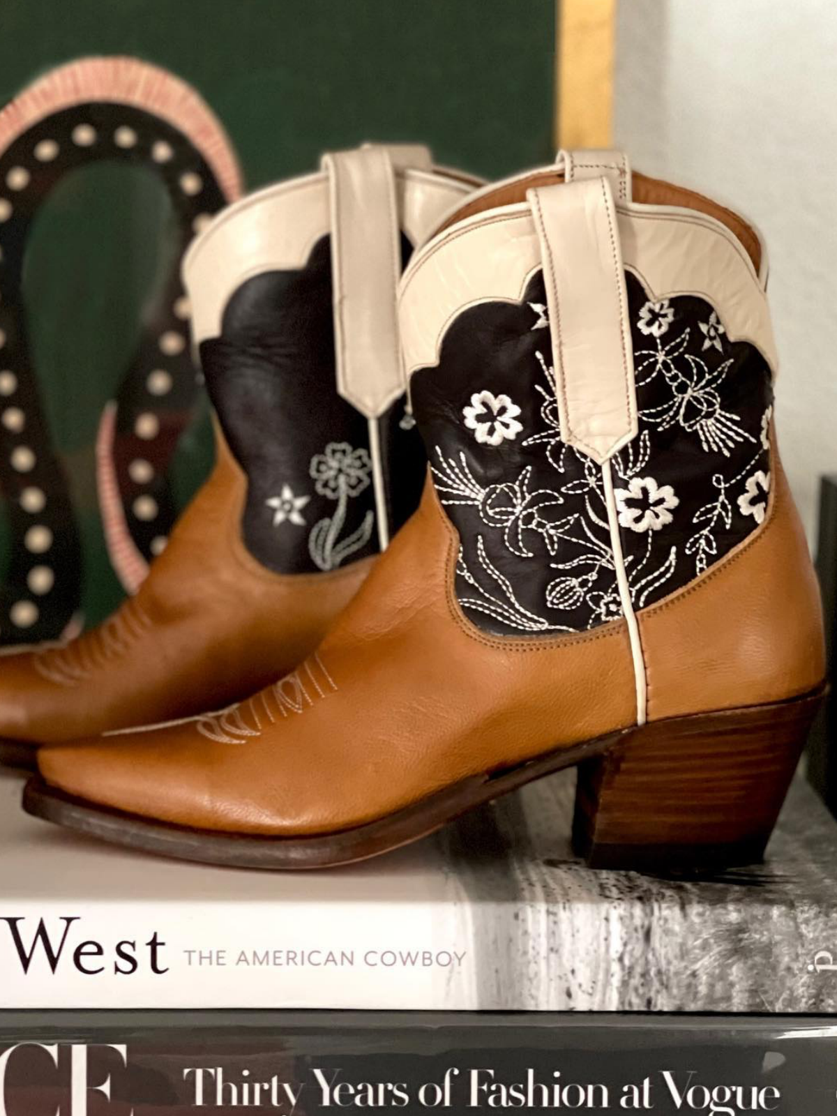 Contrast Tri-Color Snip-Toe Cowgirl Ankle Booties With Floral Embroidery