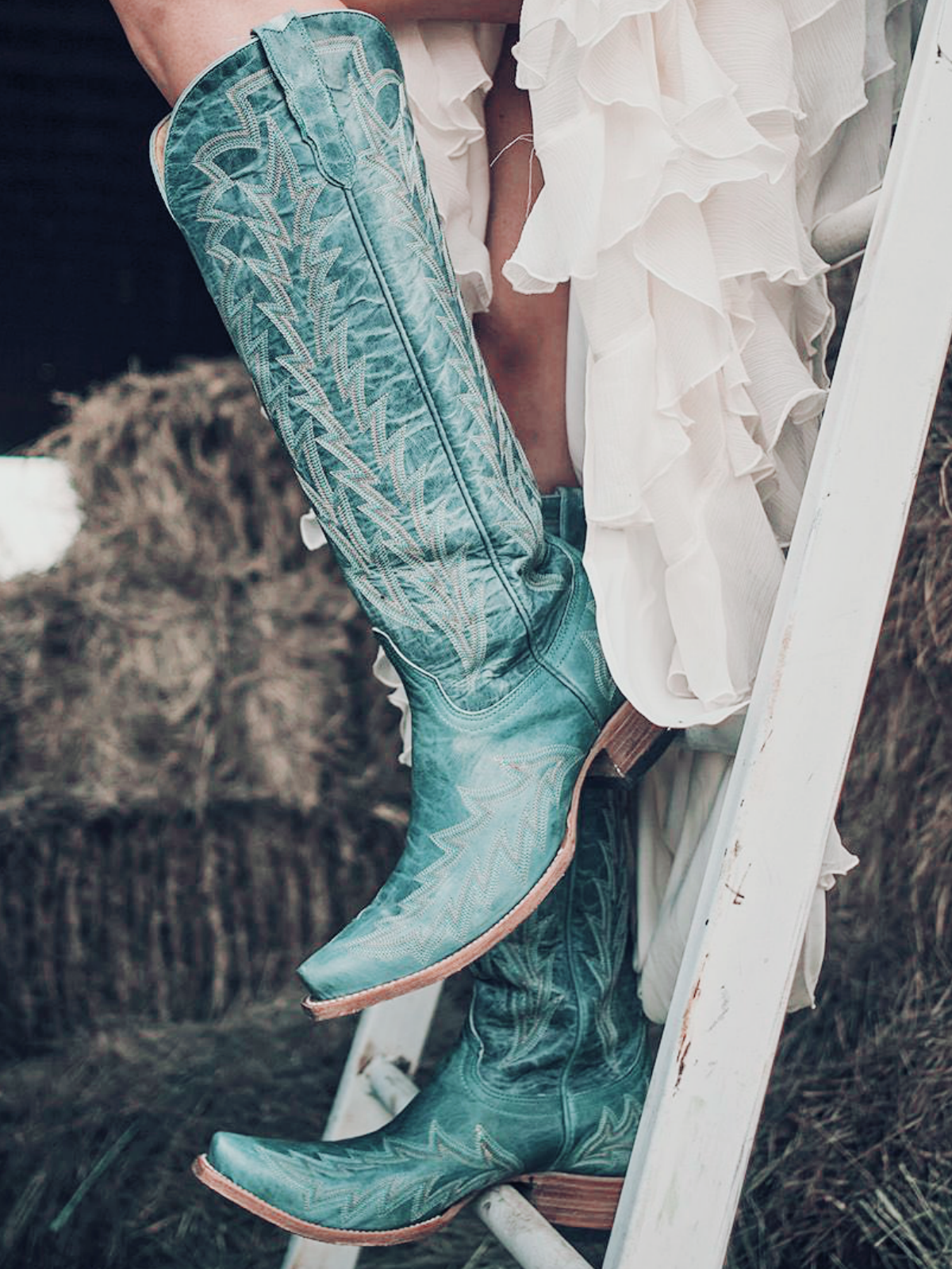 Distressed Turquoise Leaf Embroidery Wide Calf Knee High Tall Boots