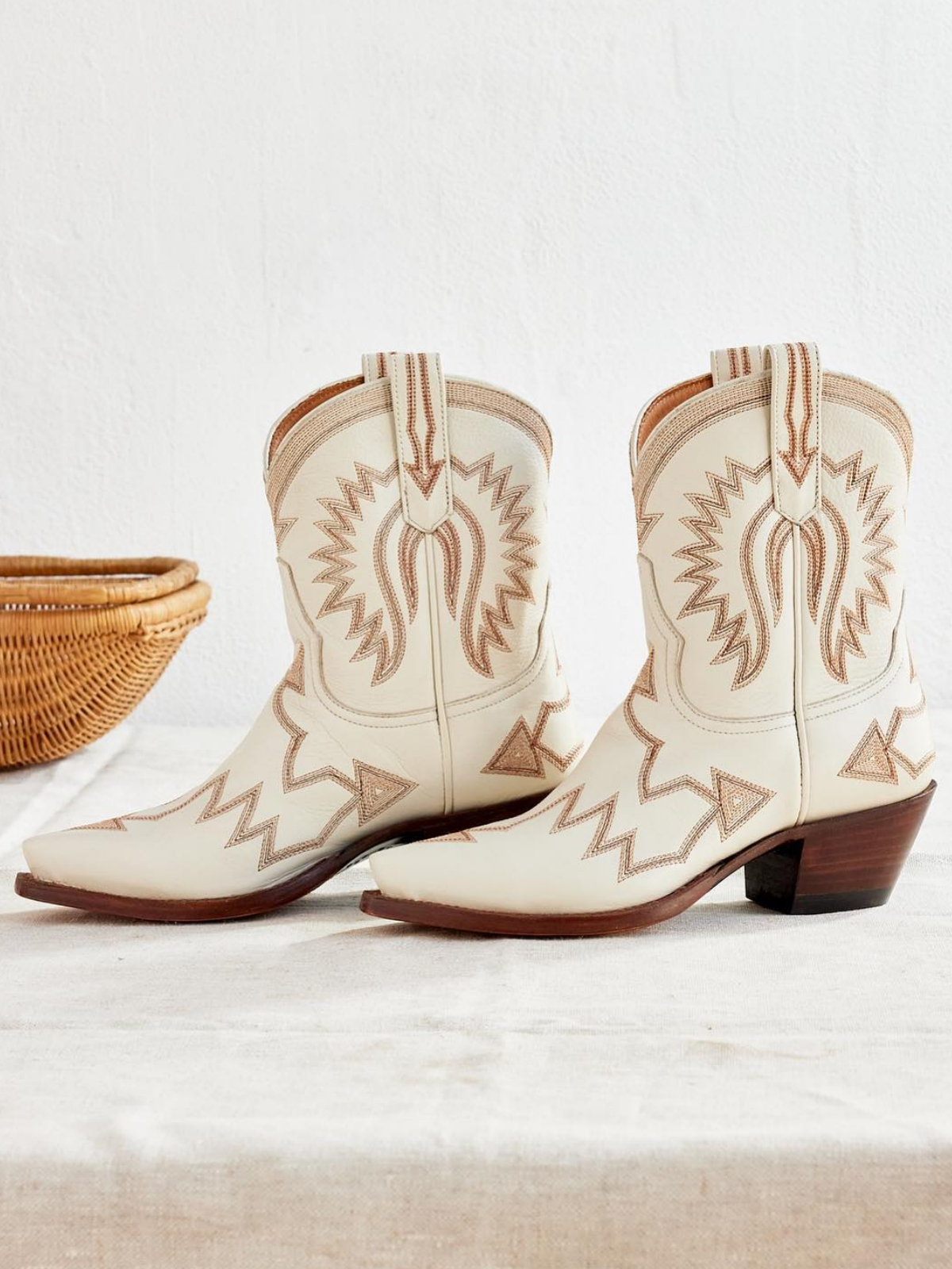 Jagged Embroidery Snip-Toe Wide Mid Calf Cowgirl Boots - Cream