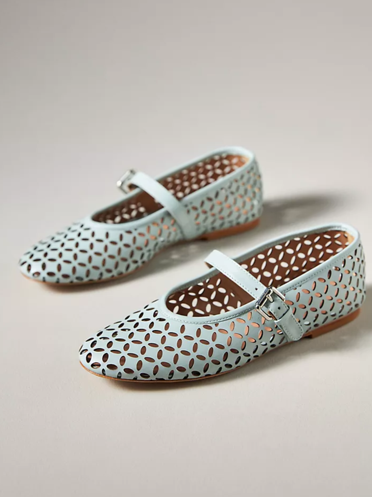 Light Blue Flats Mary Janes With Floral Cutout And Buckled Strap