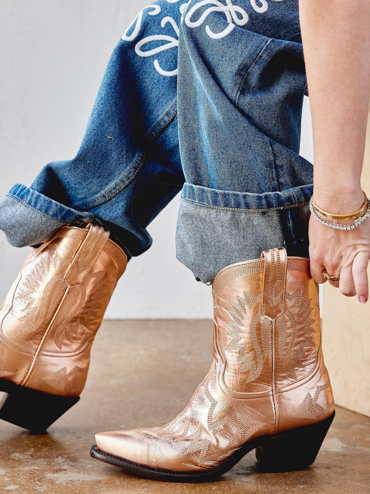 Metallic Embroidery Snip-Toe Wide Mid Calf Cowgirl Boots - Rose Gold