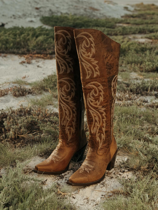 Distressed Snip-Toe Embroidery Tall Half-Zip Knee High Cowgirl Boots - Camel